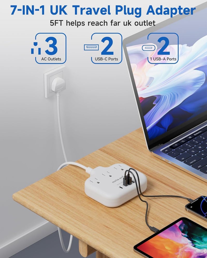meta-ant Type G Adapter for Travel, US to UK Travel Adapter with 3ft Extension Cord,3 Outlets 4 USB(2 USB-C), Type G UK Ireland Travel Plug Adapter to British Scotland England London Hong Kong Dubai - Image 5